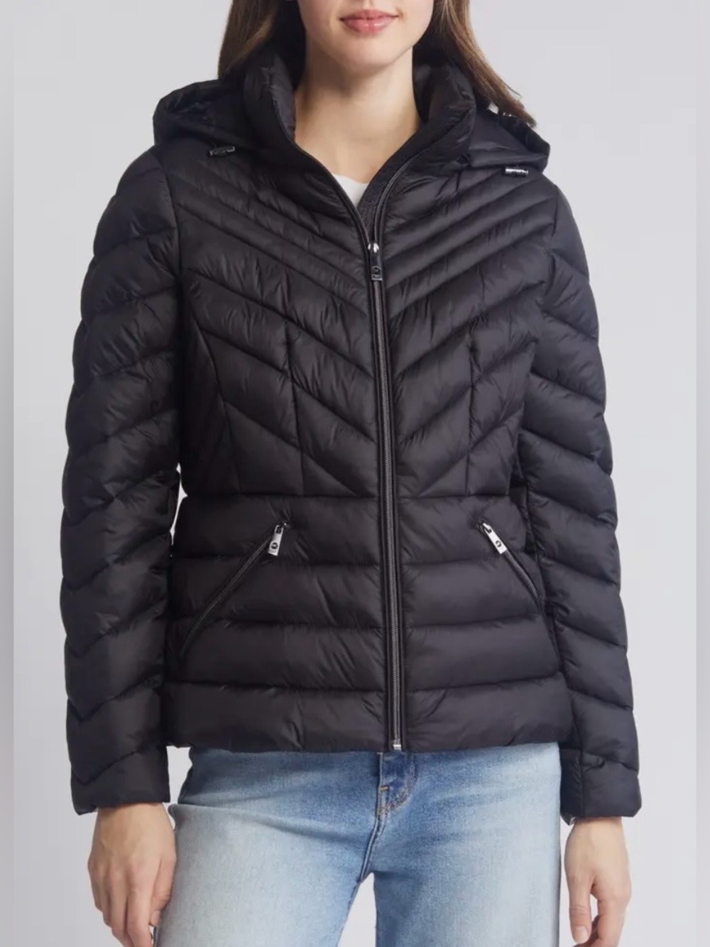 Michael Kors Water Repellent Packable Chevron Quilted Puffer Coat Black Large